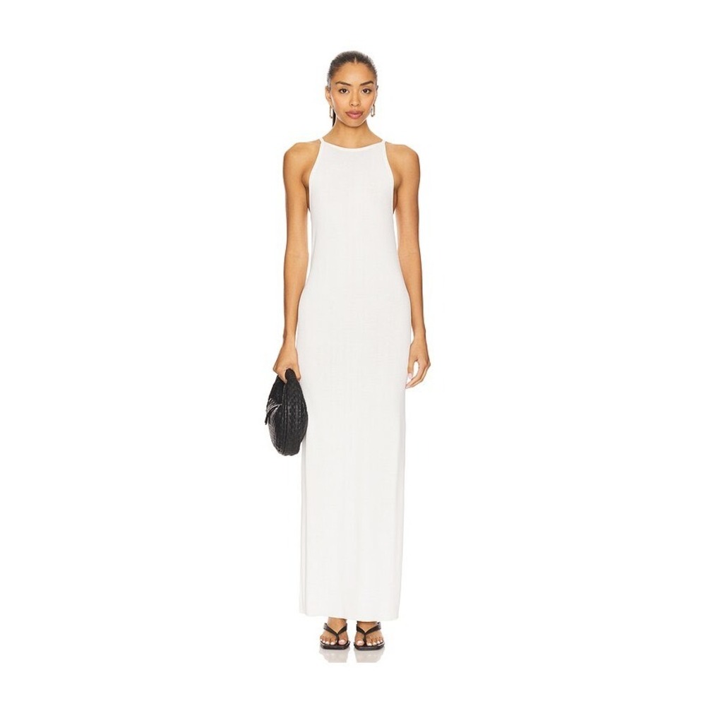 Rue Sophie Louise Dress White Ribbed Knit High Neck Maxi Dress Small NWT